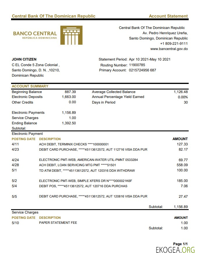 Modèle de relevé bancaire de la Banque centrale de la République dominicaine de la République dominicaine au format Excel et PDF